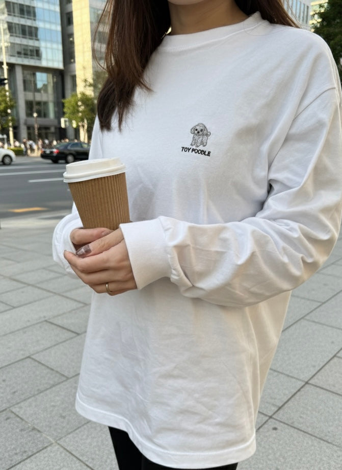 トイプードルのワンポイント刺繡ロングTシャツ(シルバー)
