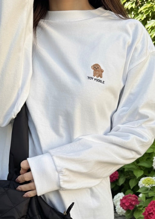 トイプードルのワンポイント刺繡ロングTシャツ (レッド)