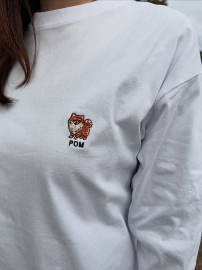 ポメラニアンのワンポイント刺繡ロングTシャツ(オレンジ)