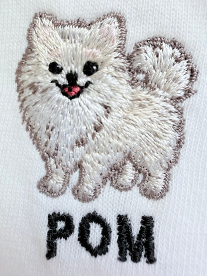 ポメラニアンのワンポイント刺繡ロングTシャツ(ホワイト)