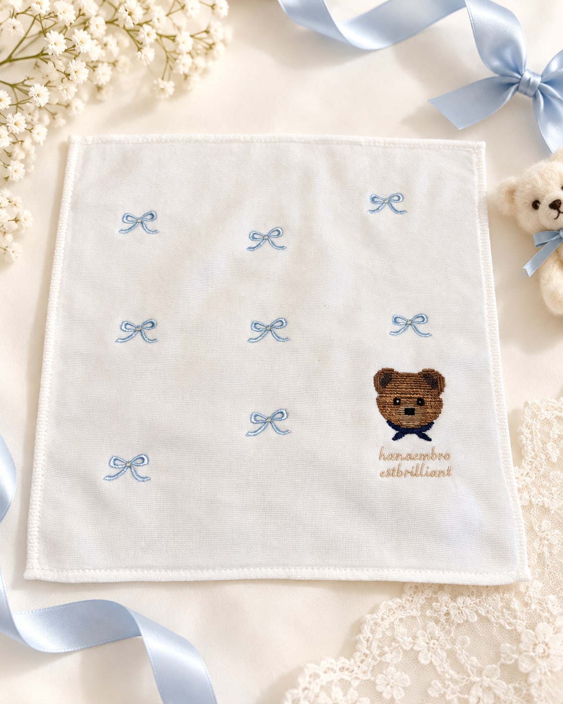 HANA Bear - Blue Ribbon Handkerchief