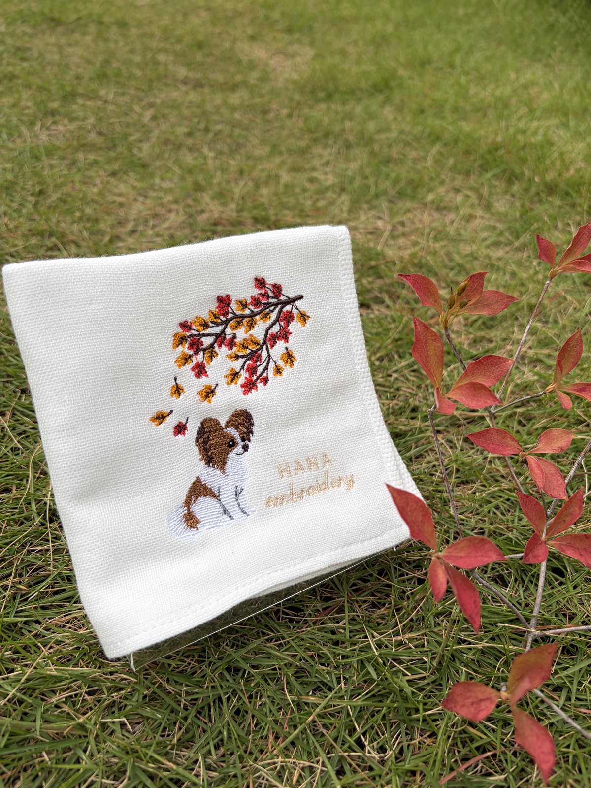 紅葉のしたで、ちょこんと、おすわり。